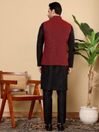 MULTI SHADES Men's Full Sleeve Black Kurta Pyjama & Red Embroidered Nehru Jacket | Grocsy