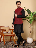 MULTI SHADES Men's Full Sleeve Black Kurta Pyjama & Red Embroidered Nehru Jacket | Grocsy
