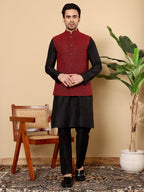 MULTI SHADES Men's Full Sleeve Black Kurta Pyjama & Red Embroidered Nehru Jacket | Grocsy