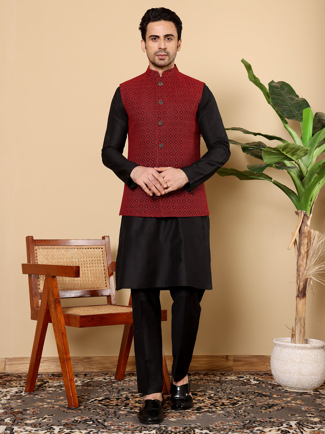 MULTI SHADES Men's Full Sleeve Black Kurta Pyjama & Red Embroidered Nehru Jacket | Grocsy
