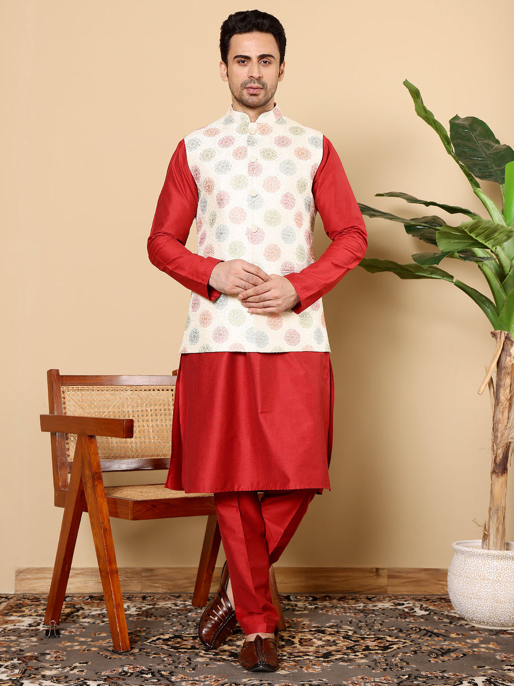 MULTI SHADES Men's Full Sleeve Red Kurta Pyjama & White Embroidered Nehru Jacket | Grocsy