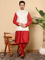 MULTI SHADES Men's Full Sleeve Red Kurta Pyjama & White Embroidered Nehru Jacket | Grocsy