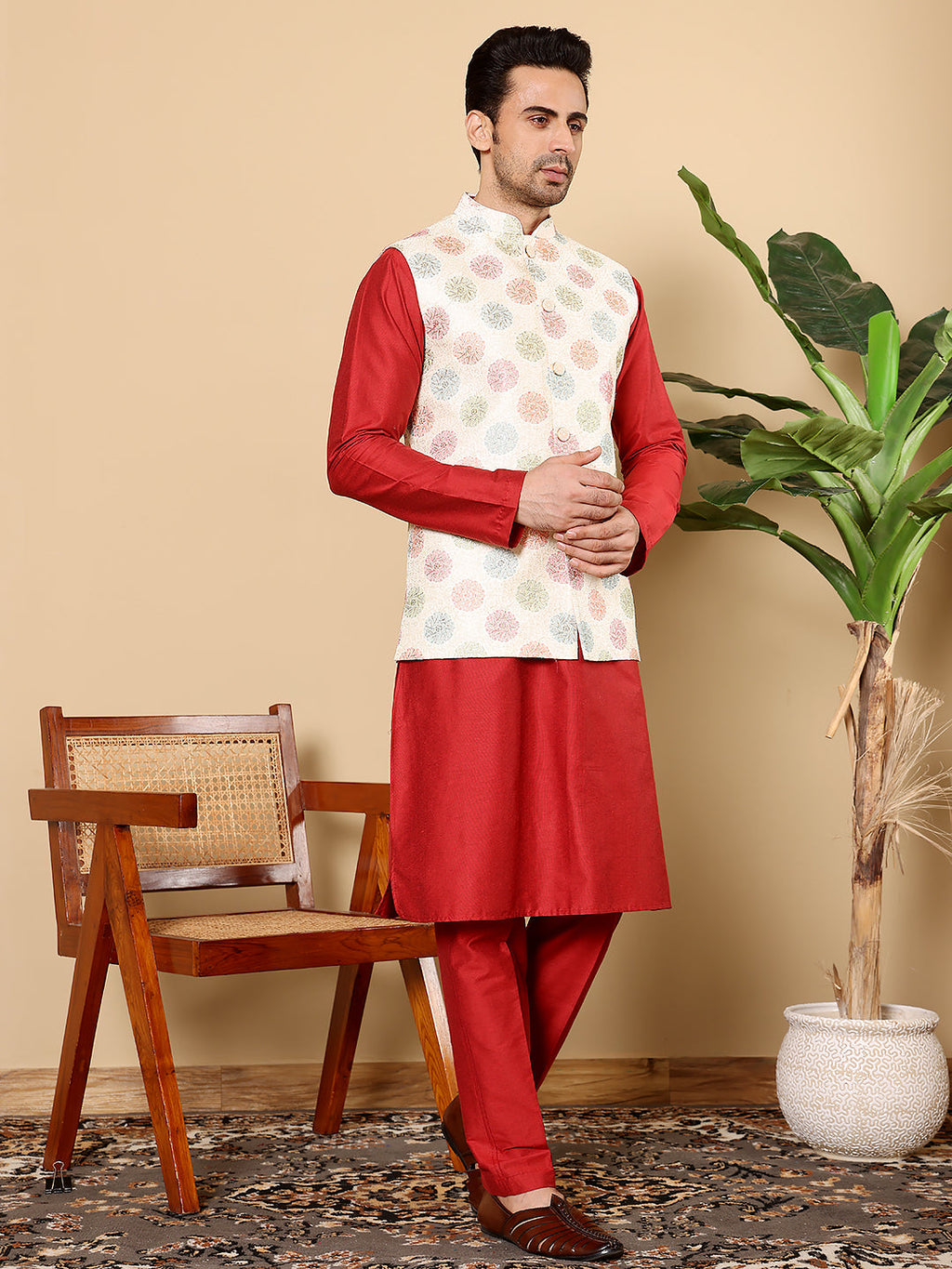 MULTI SHADES Men's Full Sleeve Red Kurta Pyjama & White Embroidered Nehru Jacket | Grocsy