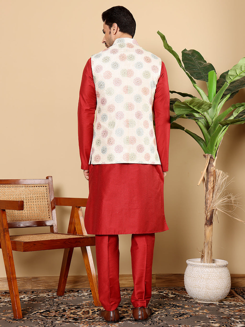MULTI SHADES Men's Full Sleeve Red Kurta Pyjama & White Embroidered Nehru Jacket | Grocsy