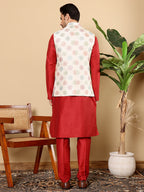MULTI SHADES Men's Full Sleeve Red Kurta Pyjama & White Embroidered Nehru Jacket | Grocsy
