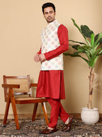 MULTI SHADES Men's Full Sleeve Red Kurta Pyjama & White Embroidered Nehru Jacket | Grocsy