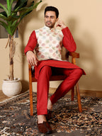 MULTI SHADES Men's Full Sleeve Red Kurta Pyjama & White Embroidered Nehru Jacket | Grocsy