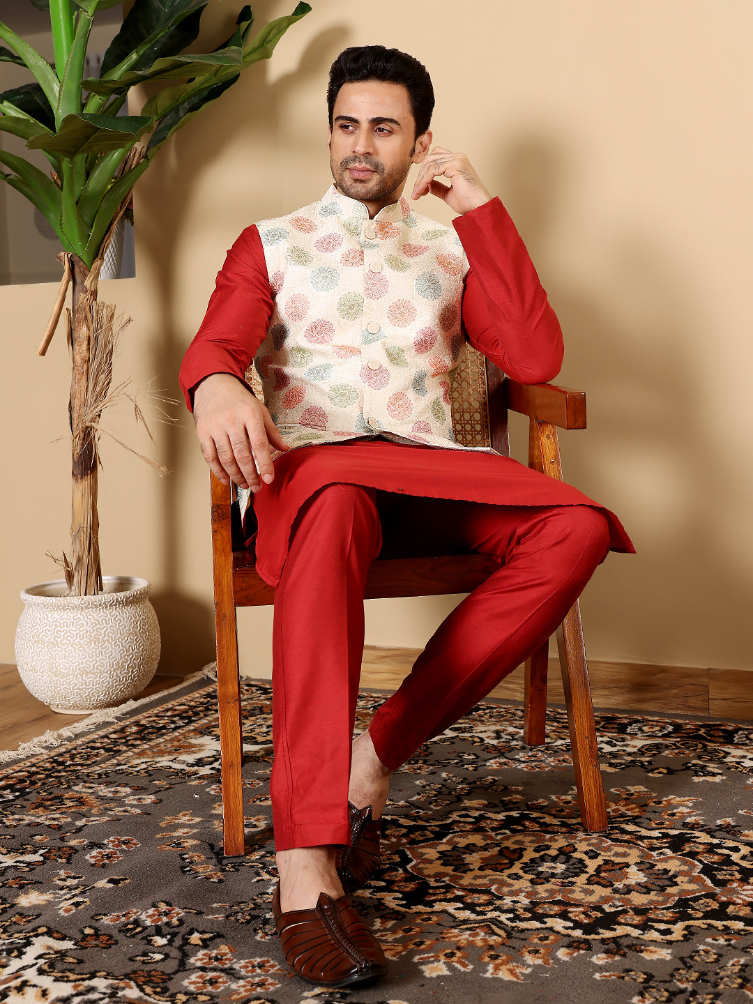 MULTI SHADES Men's Full Sleeve Red Kurta Pyjama & White Embroidered Nehru Jacket | Grocsy