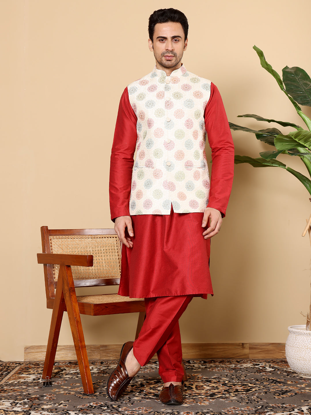 MULTI SHADES Men's Full Sleeve Red Kurta Pyjama & White Embroidered Nehru Jacket | Grocsy