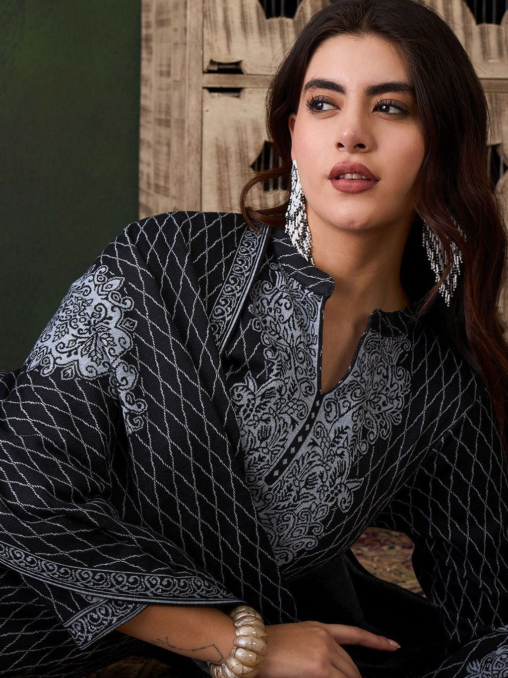 Sangria Ethnic Motifs Woven Design Mandarin Collar Straight Kurta With Trouser & Dupatta | Grocsy