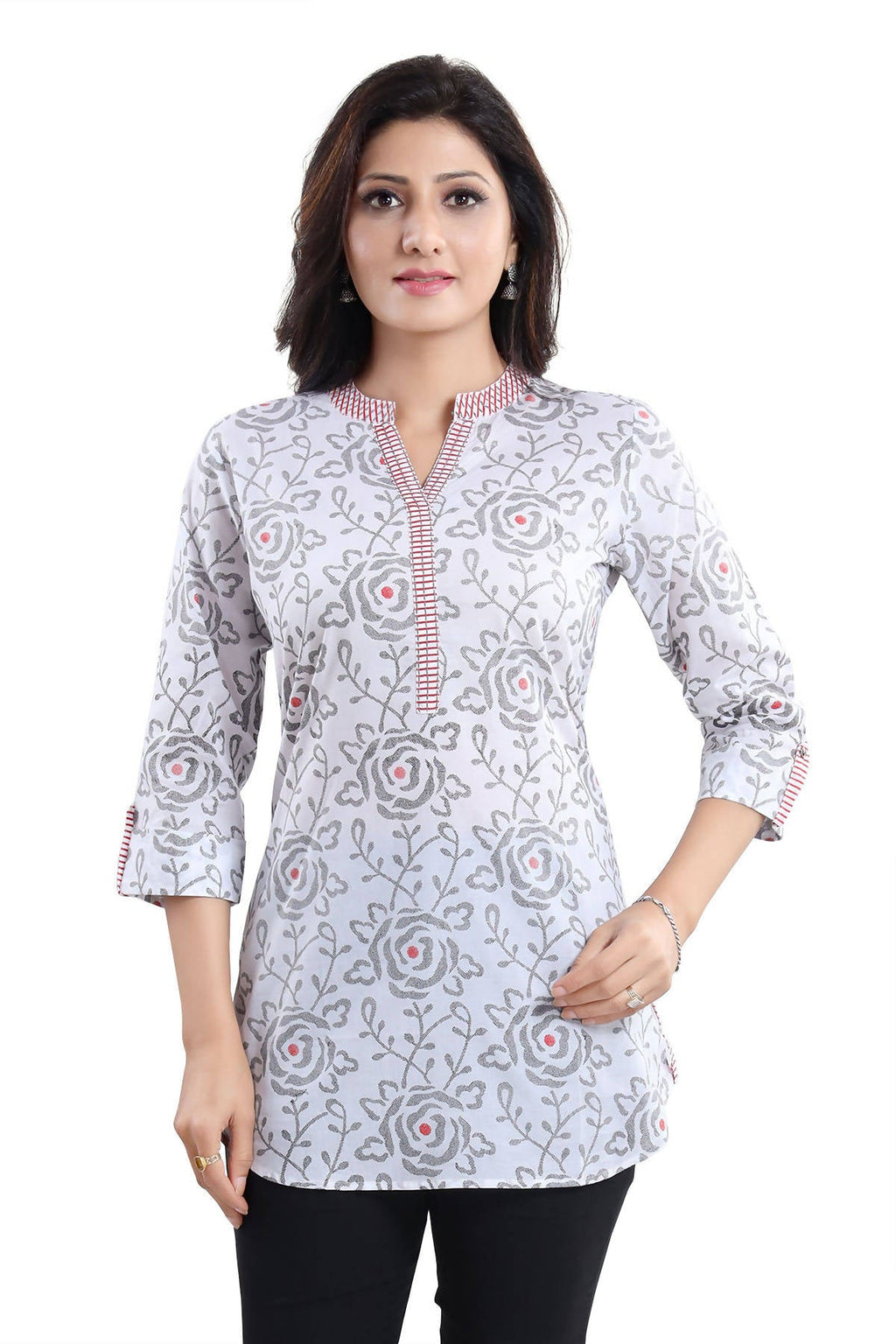 Snehal Creations Vibrant Vigour White Cotton Printed Short Tunic Top | Grocsy