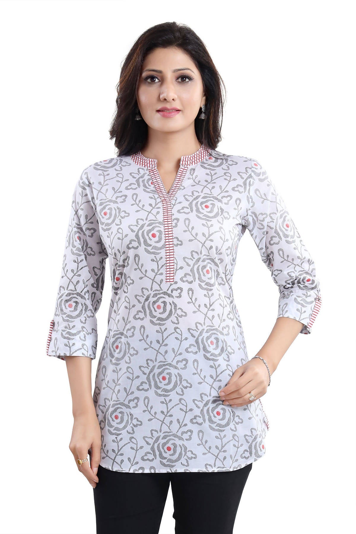 Snehal Creations Vibrant Vigour White Cotton Printed Short Tunic Top | Grocsy