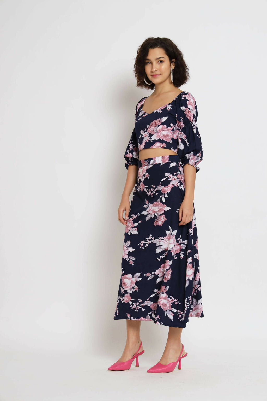 Blue Crepe Floral Printed Top with Matching Skirt - Shivani | Grocsy