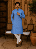 MULTI SHADES Sky Blue Ethnic Printed Kurta with Cream Churidar Set | Grocsy