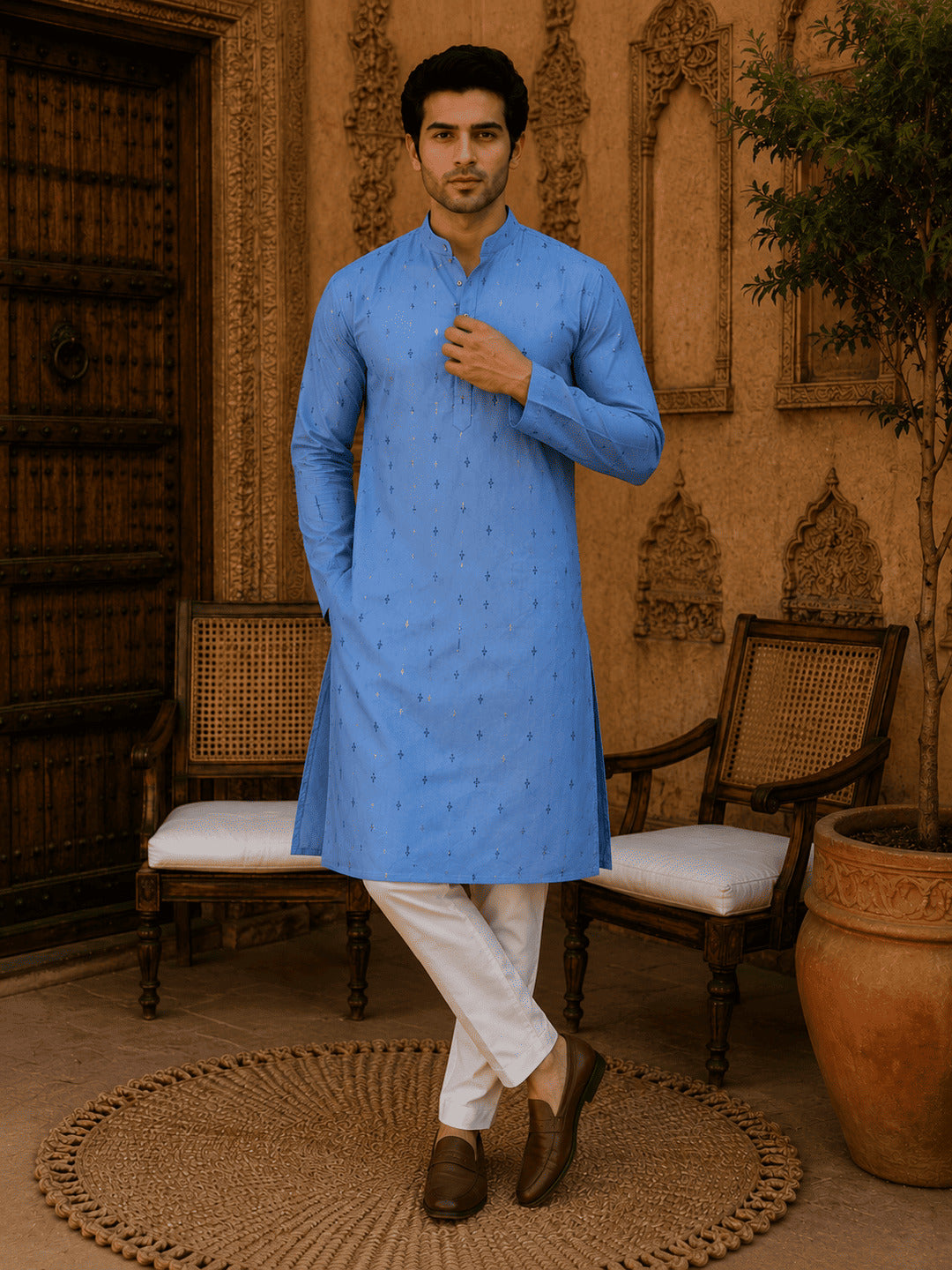 MULTI SHADES Sky Blue Ethnic Printed Kurta with Cream Churidar Set | Grocsy