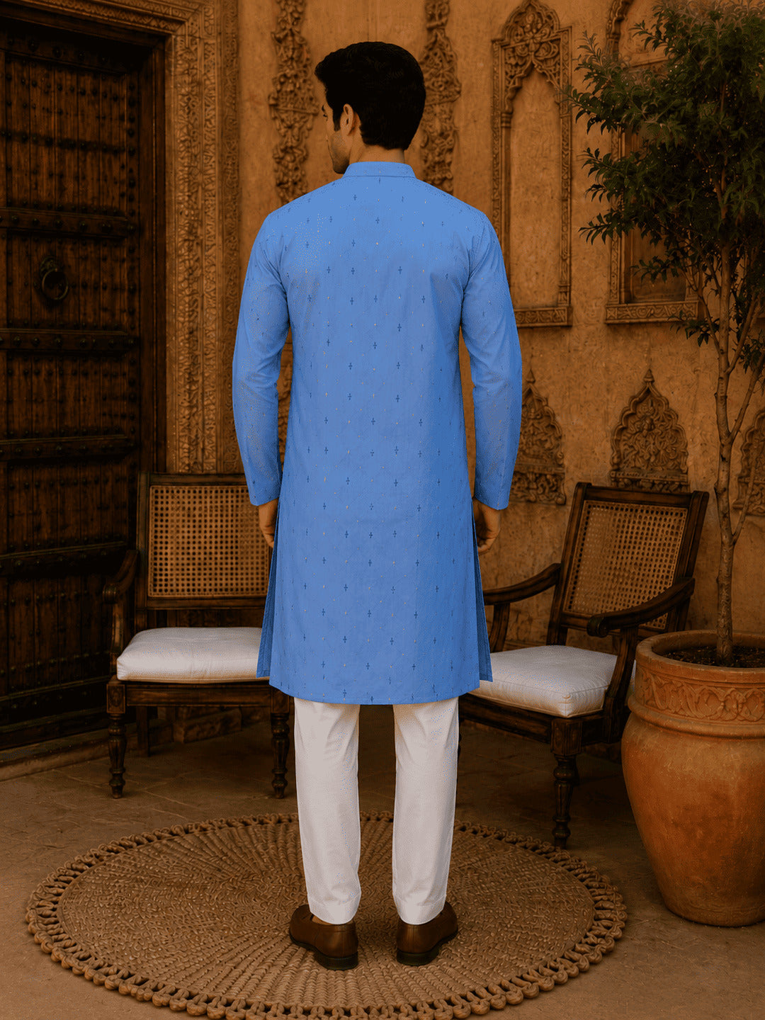MULTI SHADES Sky Blue Ethnic Printed Kurta with Cream Churidar Set | Grocsy