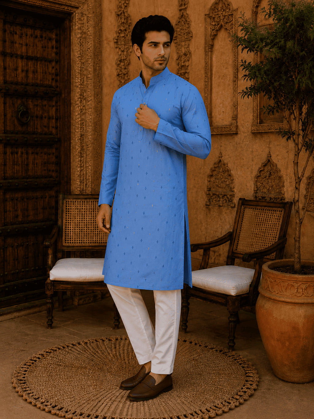 MULTI SHADES Sky Blue Ethnic Printed Kurta with Cream Churidar Set | Grocsy