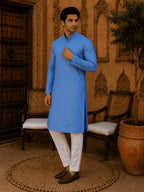 MULTI SHADES Sky Blue Ethnic Printed Kurta with Cream Churidar Set | Grocsy