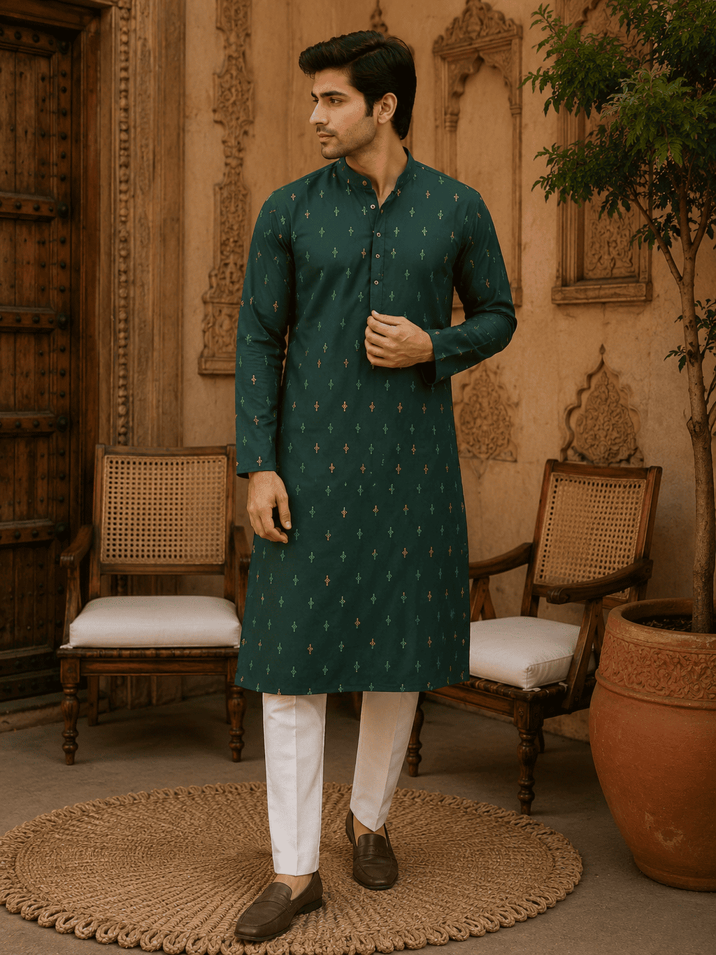 MULTI SHADES Green Ethnic Printed Kurta with Cream Churidar Set | Grocsy