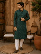 MULTI SHADES Green Ethnic Printed Kurta with Cream Churidar Set | Grocsy