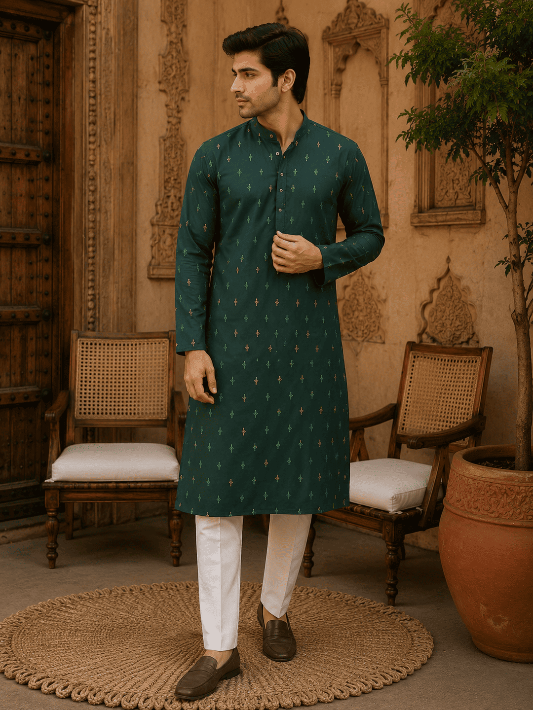 MULTI SHADES Green Ethnic Printed Kurta with Cream Churidar Set | Grocsy