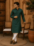 MULTI SHADES Green Ethnic Printed Kurta with Cream Churidar Set | Grocsy