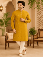 MULTI SHADES Yellow Ethnic Printed Kurta with Cream Churidar Set | Grocsy