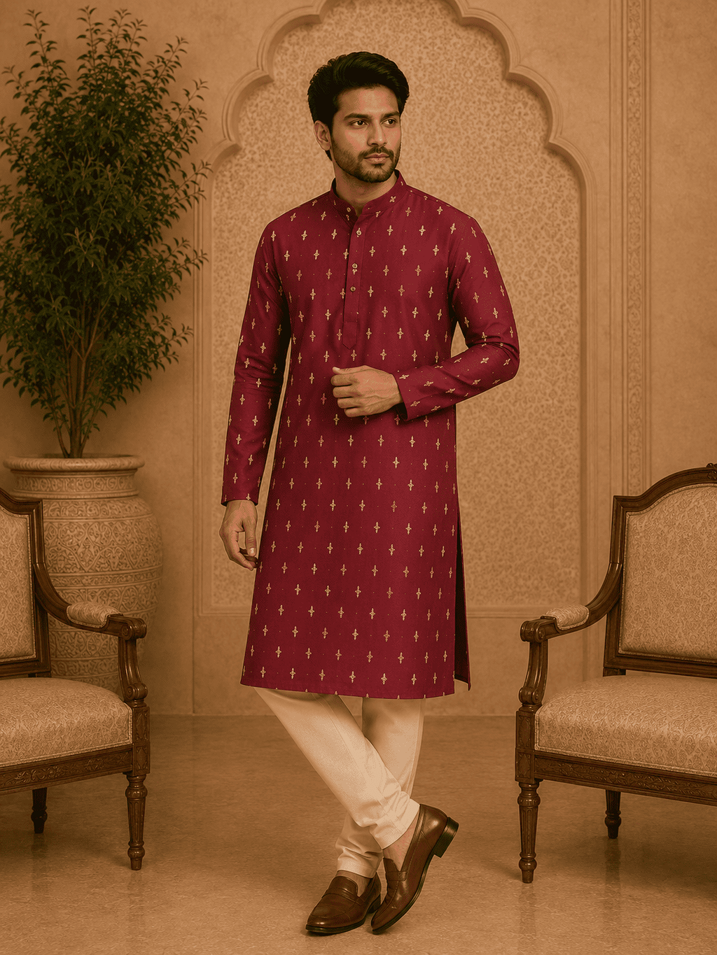 MULTI SHADES Maroon Ethnic Printed Kurta with Cream Churidar Set | Grocsy