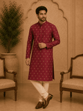 MULTI SHADES Maroon Ethnic Printed Kurta with Cream Churidar Set | Grocsy