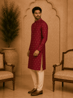 MULTI SHADES Maroon Ethnic Printed Kurta with Cream Churidar Set | Grocsy