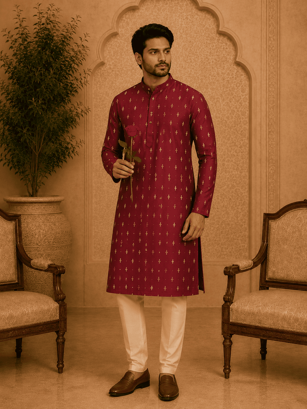 MULTI SHADES Maroon Ethnic Printed Kurta with Cream Churidar Set | Grocsy
