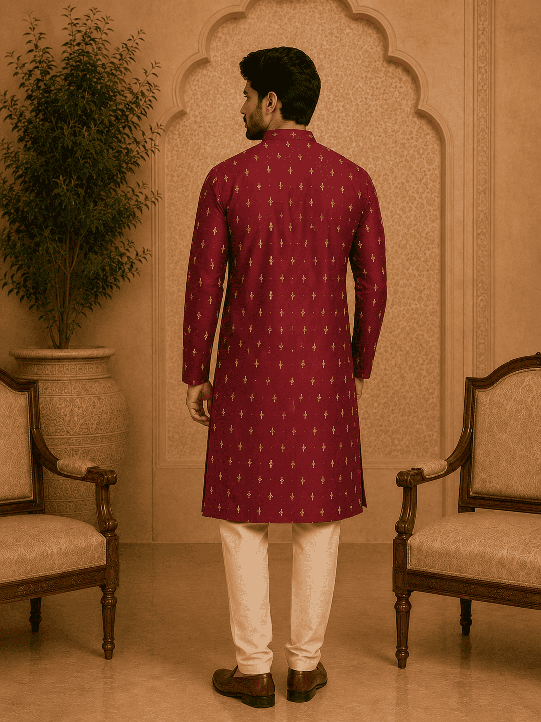 MULTI SHADES Maroon Ethnic Printed Kurta with Cream Churidar Set | Grocsy