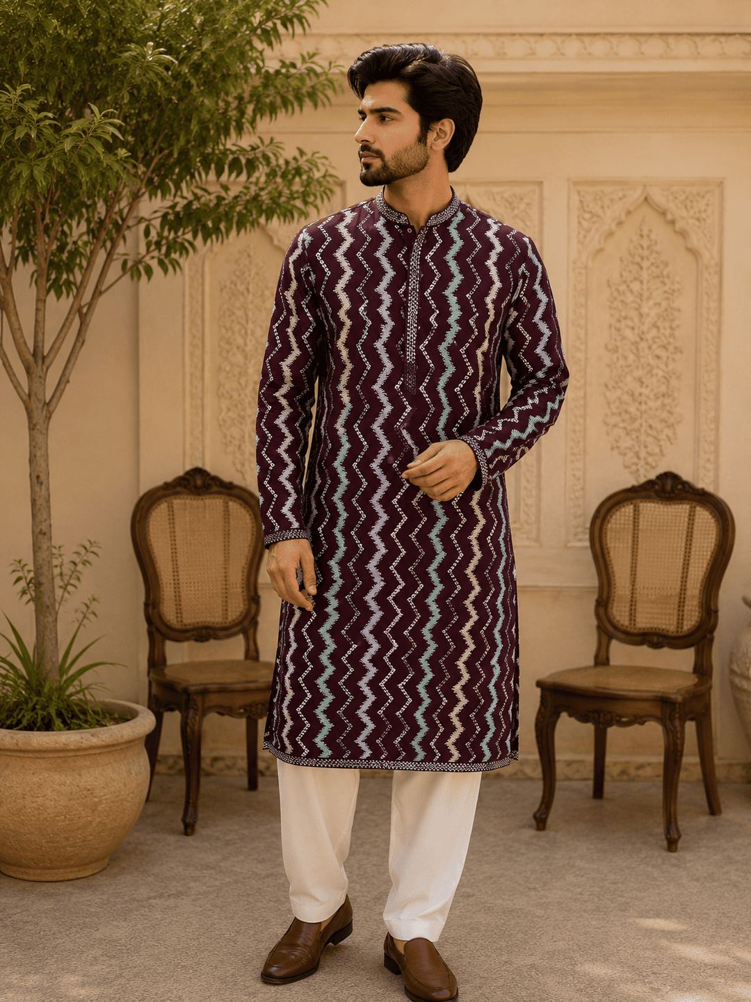 MULTI SHADES Royal Maroon Zigzag Printed Men’s Kurta Set | Grocsy