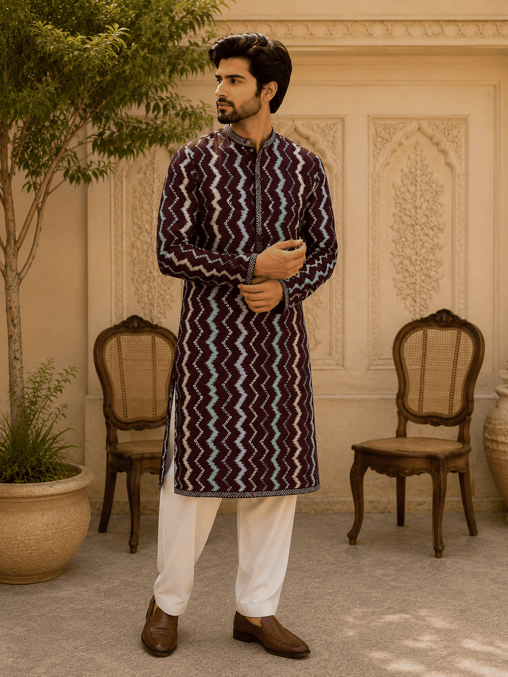 MULTI SHADES Royal Maroon Zigzag Printed Men’s Kurta Set | Grocsy