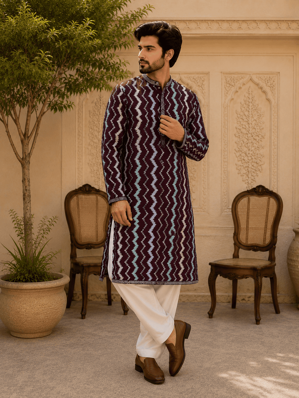 MULTI SHADES Royal Maroon Zigzag Printed Men’s Kurta Set | Grocsy