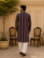 MULTI SHADES Royal Maroon Zigzag Printed Men’s Kurta | Grocsy