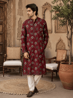 MULTI SHADES Regal Maroon Printed Men’s Ethnic Kurta | Grocsy