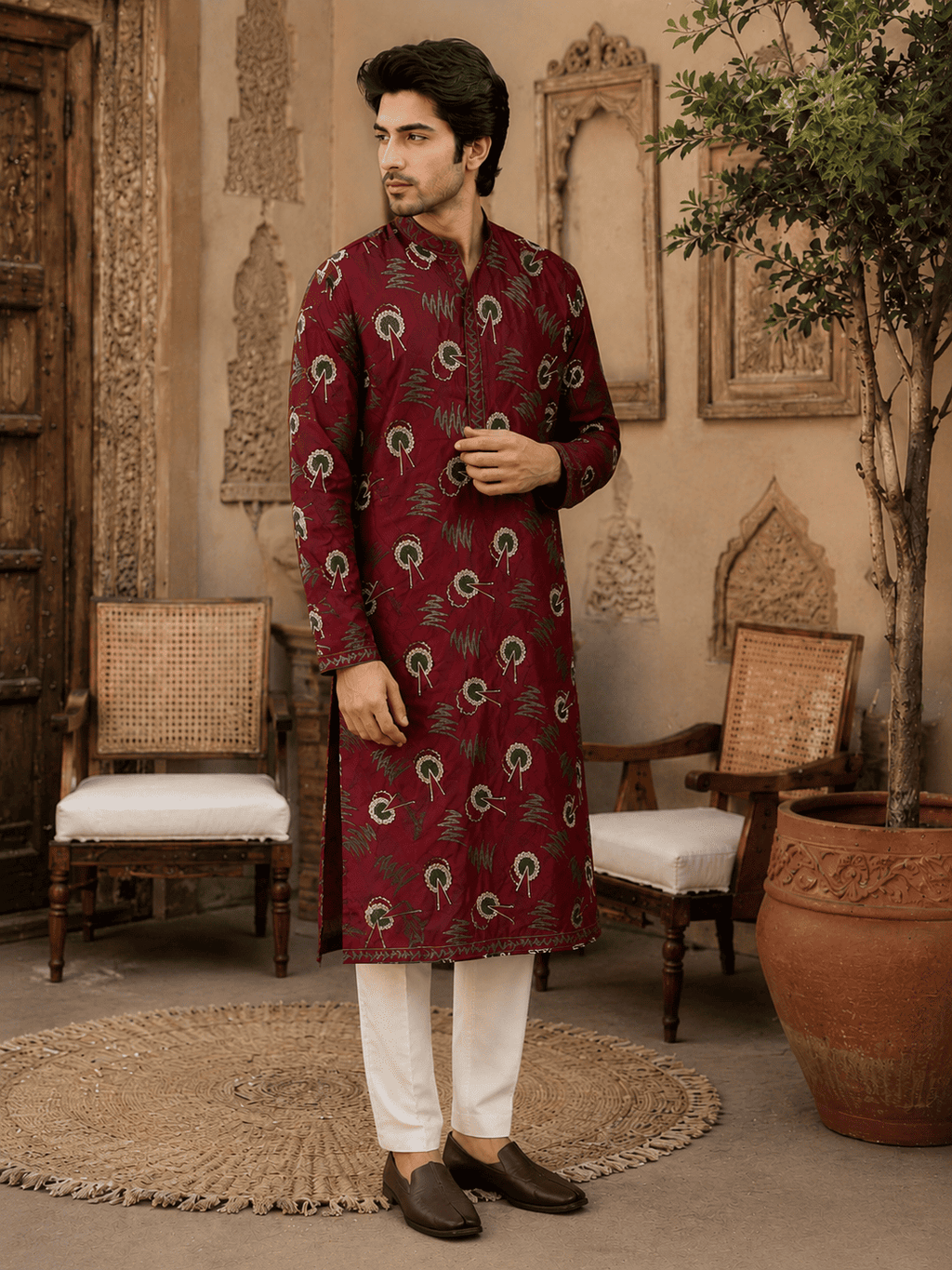 MULTI SHADES Regal Maroon Printed Men’s Ethnic Kurta | Grocsy