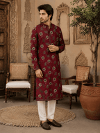 MULTI SHADES Regal Maroon Printed Men’s Ethnic Kurta Set | Grocsy