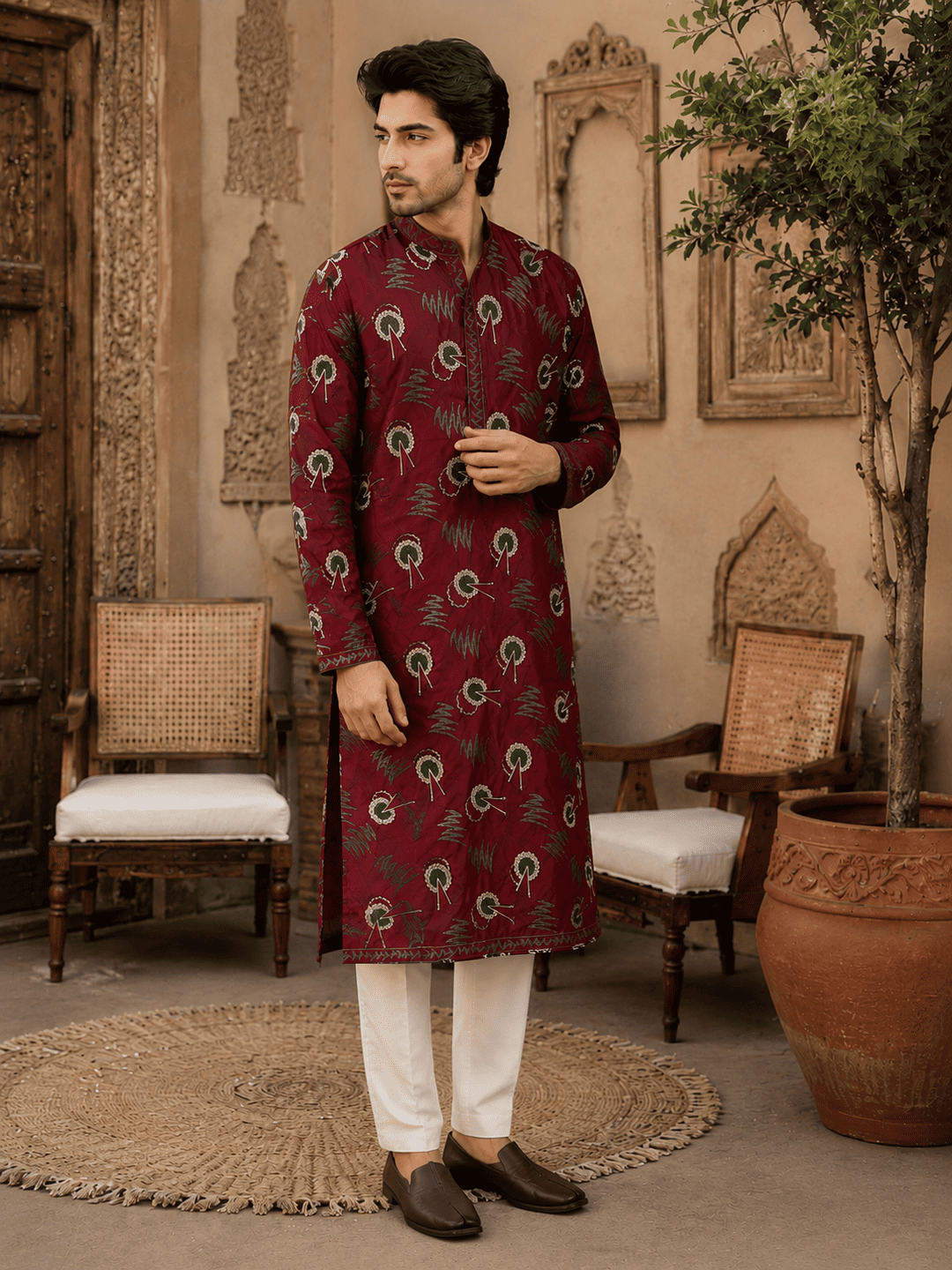 MULTI SHADES Regal Maroon Printed Men’s Ethnic Kurta Set | Grocsy