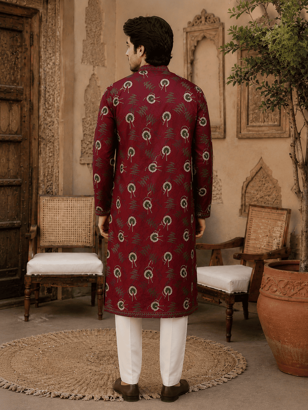 MULTI SHADES Regal Maroon Printed Men’s Ethnic Kurta | Grocsy