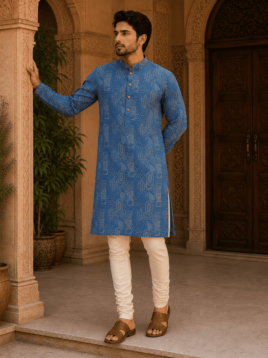 MULTI SHADES Royal Blue Printed Men’s Ethnic Kurta Set | Grocsy