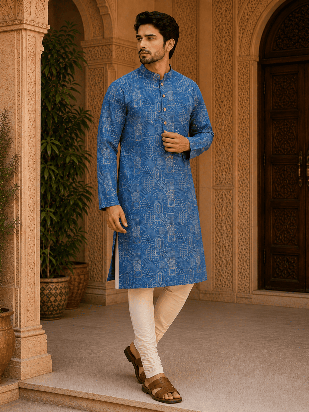 MULTI SHADES Royal Blue Printed Men’s Ethnic Kurta Set | Grocsy