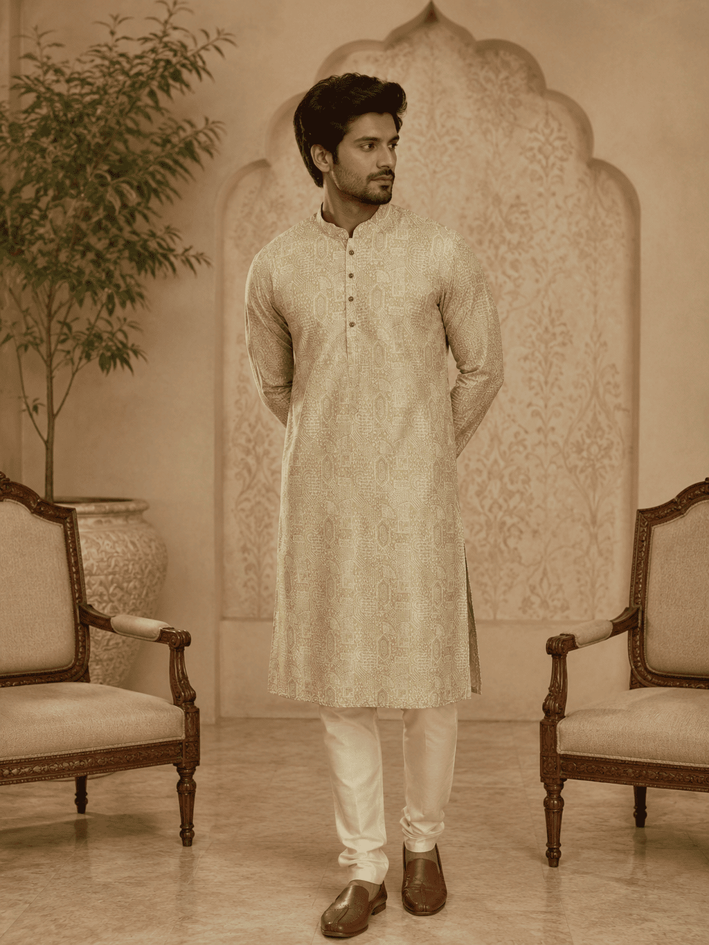 MULTI SHADES Elegant Pastel Gold Printed Men’s Kurta | Grocsy