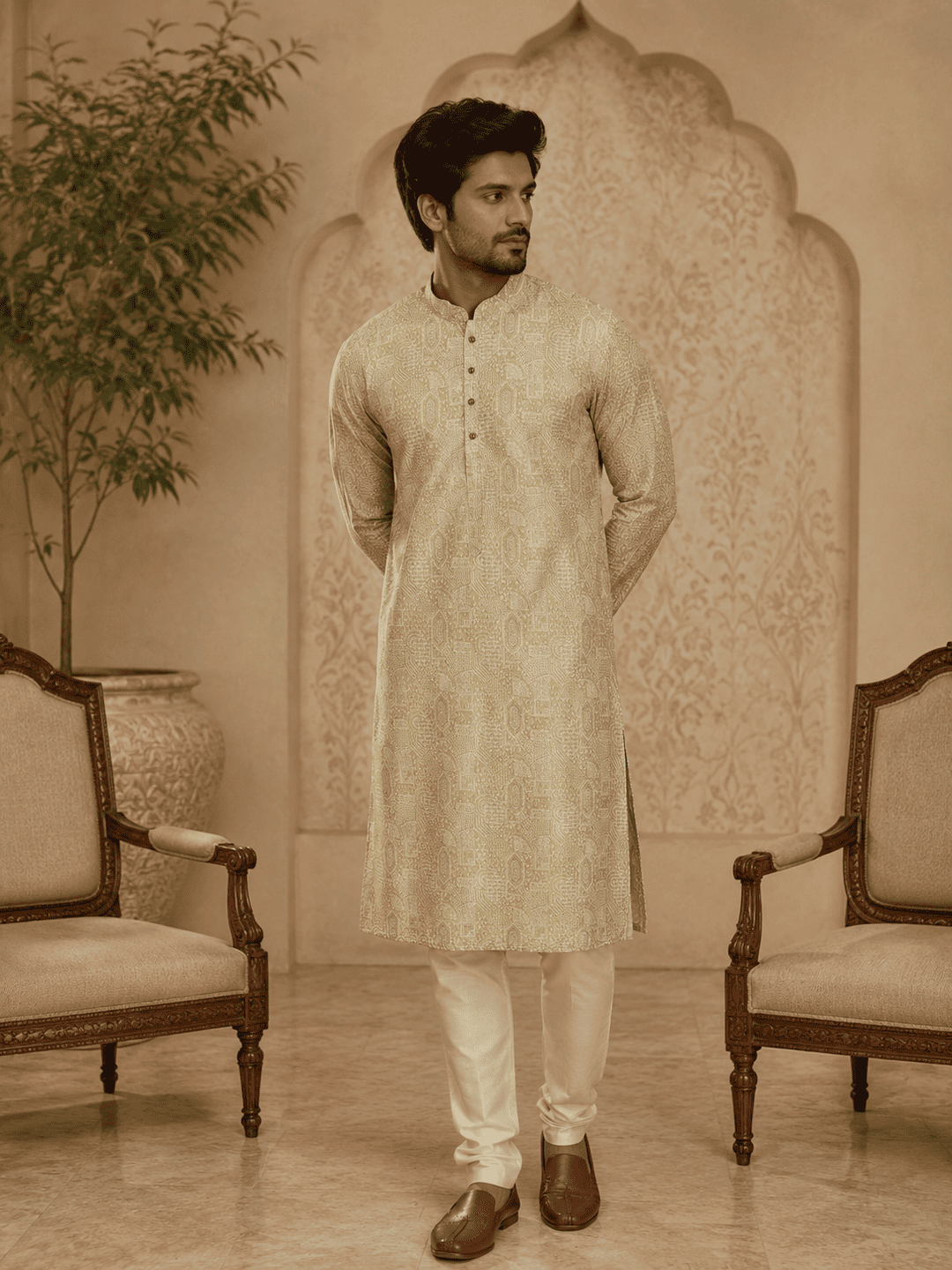MULTI SHADES Elegant Pastel Gold Printed Men’s Kurta | Grocsy