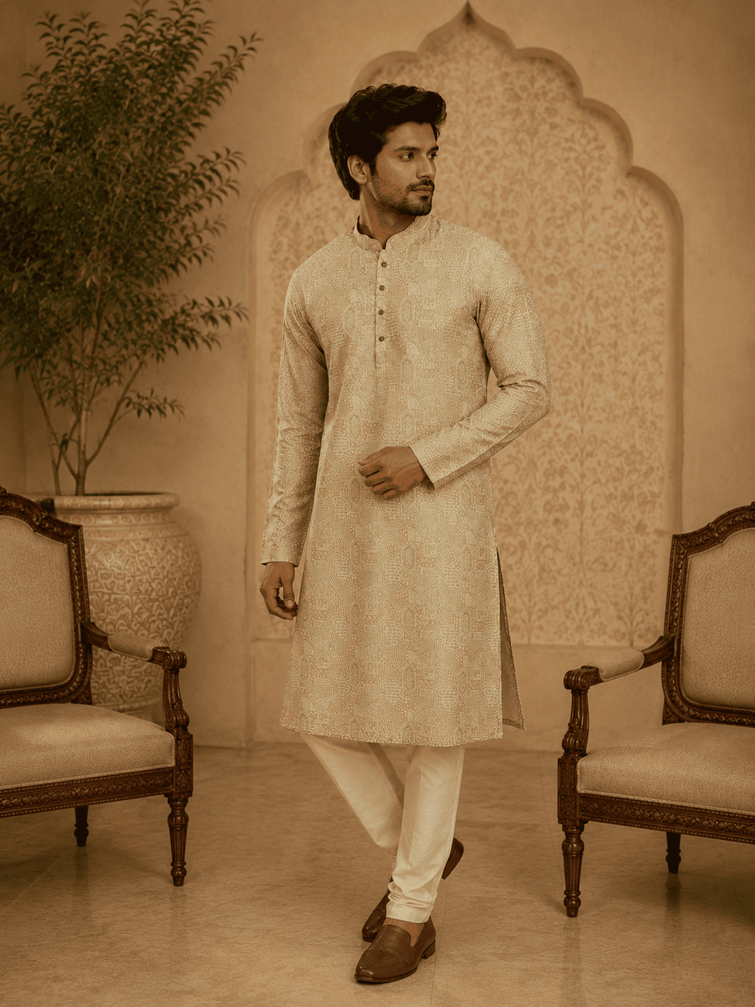MULTI SHADES Elegant Pastel Gold Printed Men’s Kurta | Grocsy