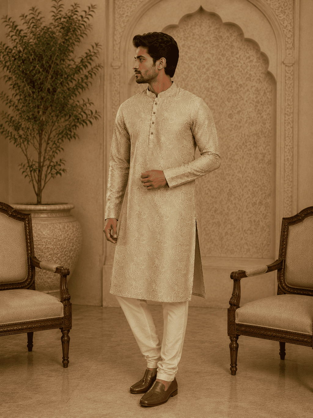 MULTI SHADES Elegant Pastel Gold Printed Men’s Kurta | Grocsy