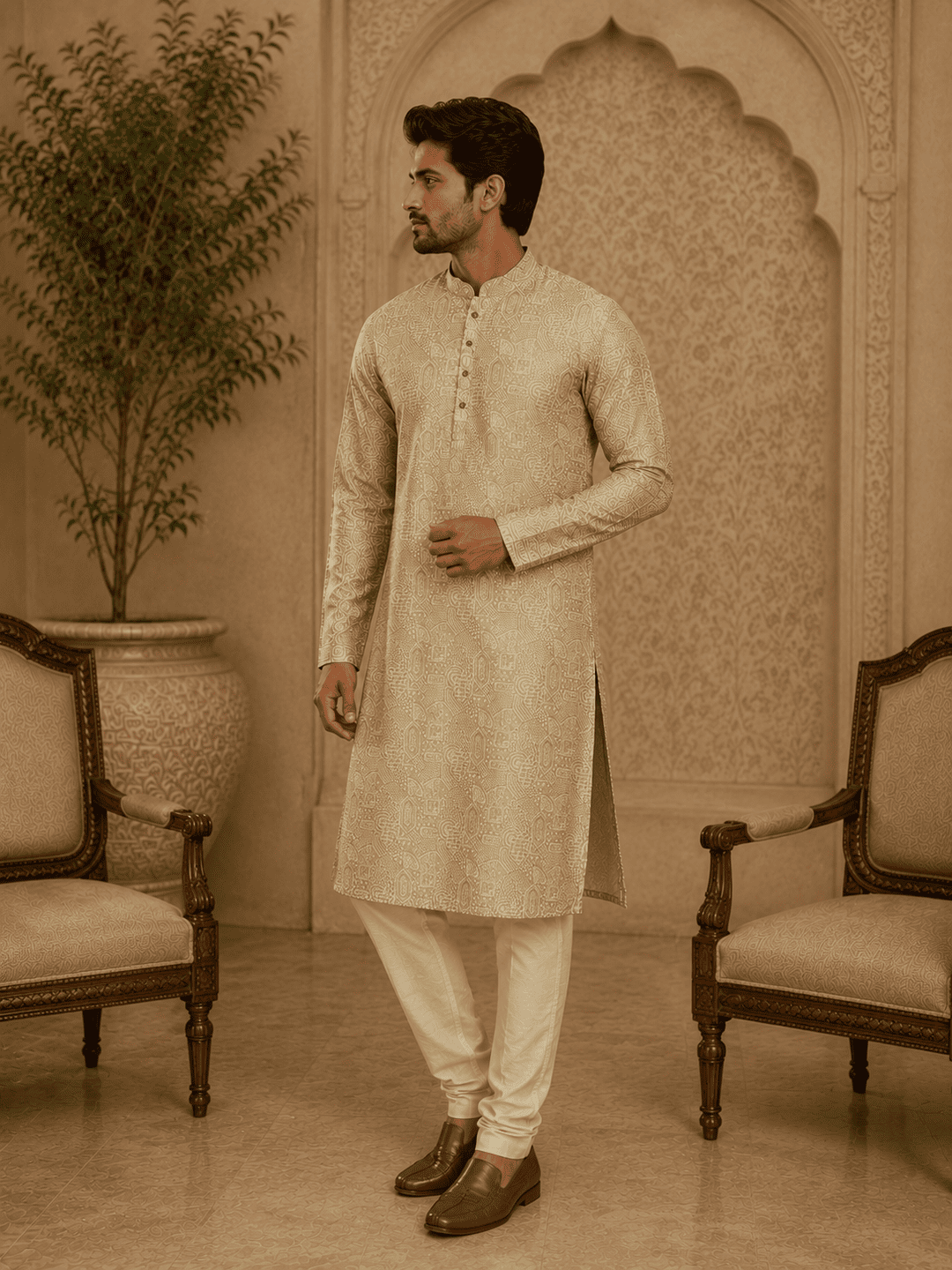 MULTI SHADES Elegant Pastel Gold Printed Men’s Kurta | Grocsy