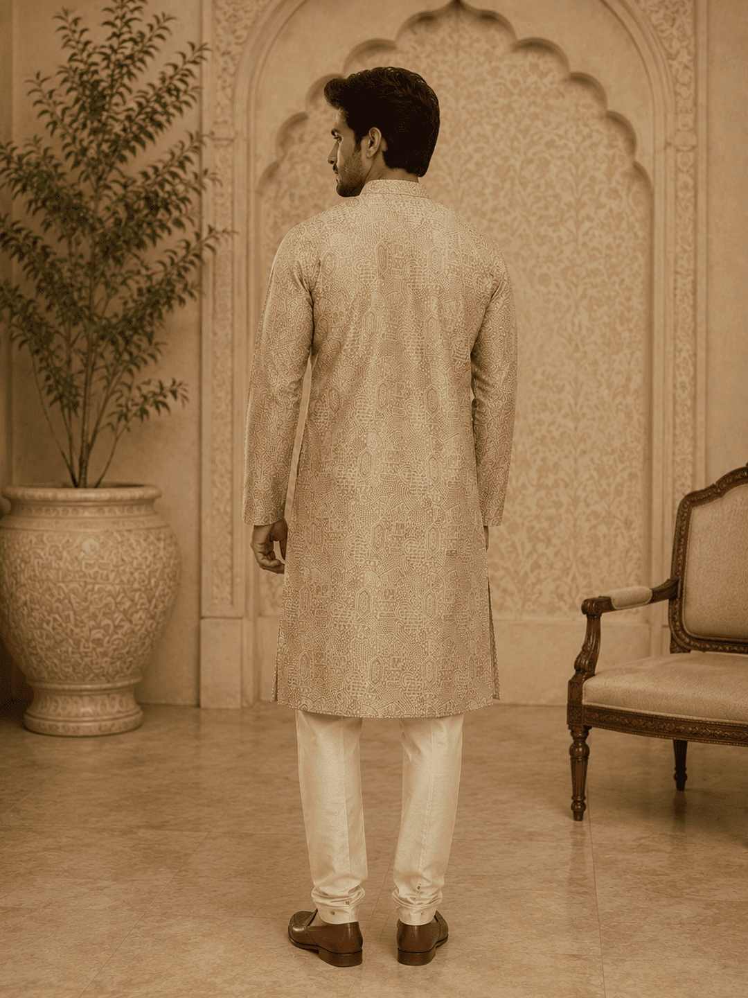 MULTI SHADES Elegant Pastel Gold Printed Men’s Kurta | Grocsy
