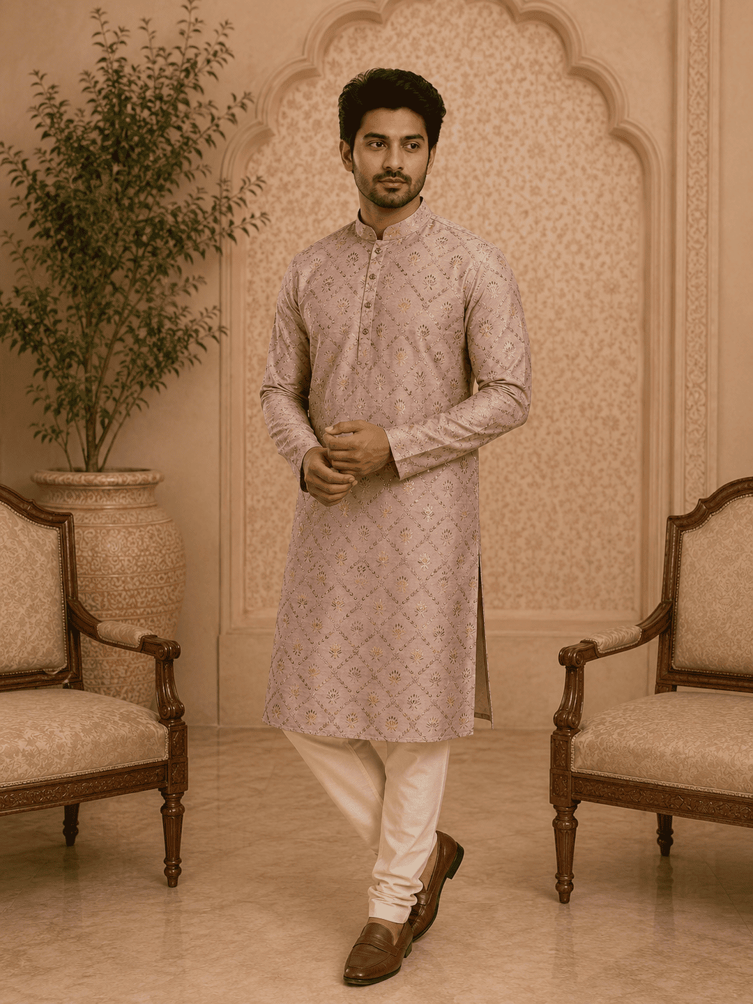 MULTI SHADES Peach Printed Men’s Kurta | Grocsy